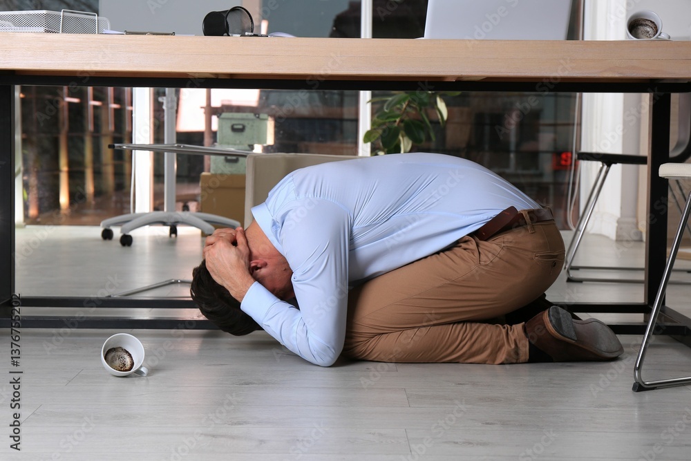 © New Africa - Scared man hiding under office desk during earthquake © New Africa - Scared man hiding under office desk during earthquake