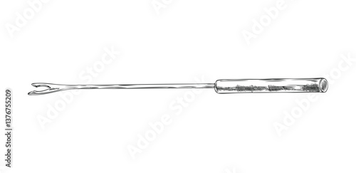 Fondue fork vector icon, engraved hand drawn skewer with wooden handle for dipping in melted cheese, kitchen appliance