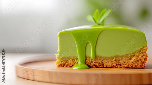 Delicious slice of green matcha cheesecake with crumbly biscuit base and verdant glaze