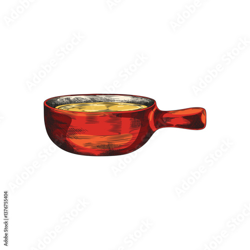 Fondue bowl with melted cheese hand drawn vector illustration, cheese cream fondue pot with handle sketch