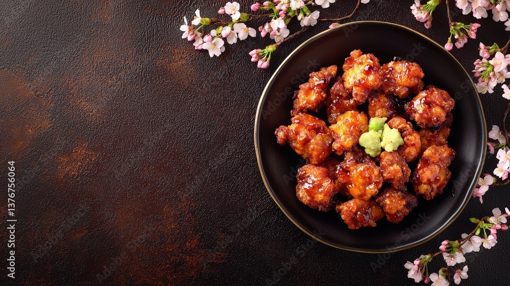 Japanese food Karaage Dish top view on a dark brown background Japanese food Karaage Dish top view on a dark brown background