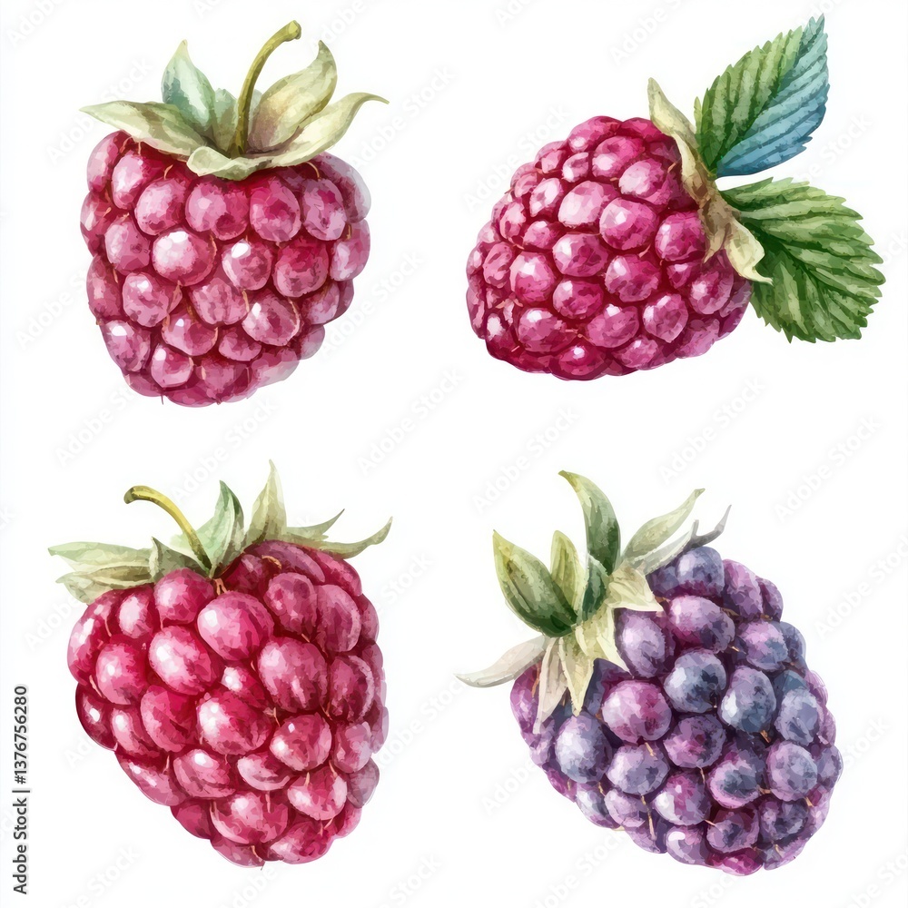 custom made wallpaper toronto digitalRaspberry and Blackberry Set: A delightful watercolor painting showcases four vibrant raspberries and blackberries, bursting with juicy color and detail. Perfect for culinary or lifestyle projects. 
