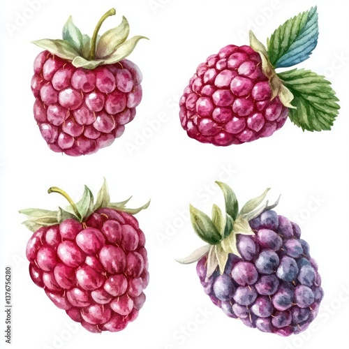 Wallpaper Mural Raspberry and Blackberry Set: A delightful watercolor painting showcases four vibrant raspberries and blackberries, bursting with juicy color and detail. Perfect for culinary or lifestyle projects.  Torontodigital.ca