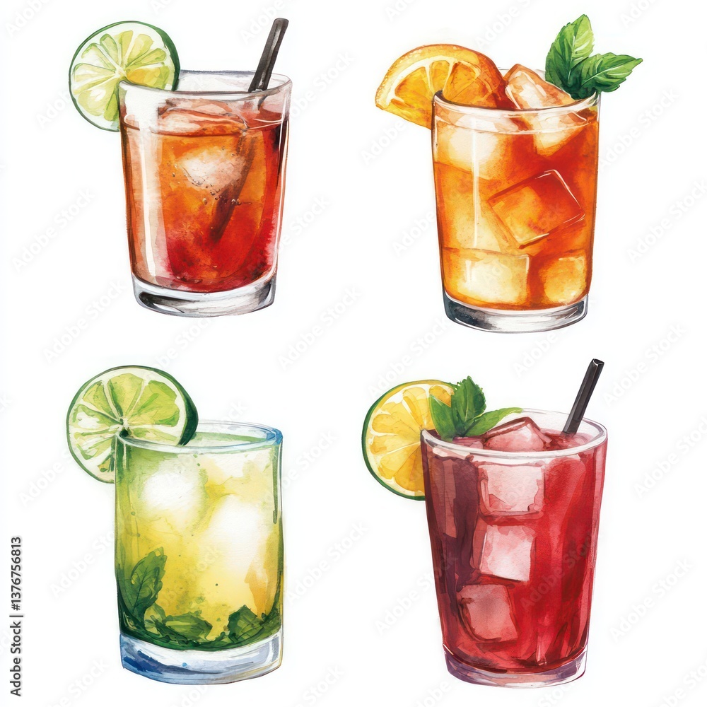 set of four refreshing drink with different garnish. Each beverage features vibrant colors and appealing presentation watercolor illustration set of four refreshing drink with different garnish. Each beverage features vibrant colors and appealing presentation watercolor illustration
