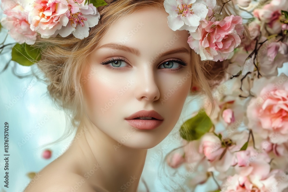 Young woman surrounded by pink flowers with a serene expression in a tranquil setting Young woman surrounded by pink flowers with a serene expression in a tranquil setting