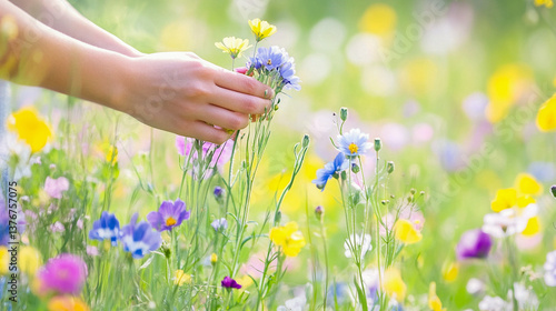 hand picking wild flowers in a meadow
