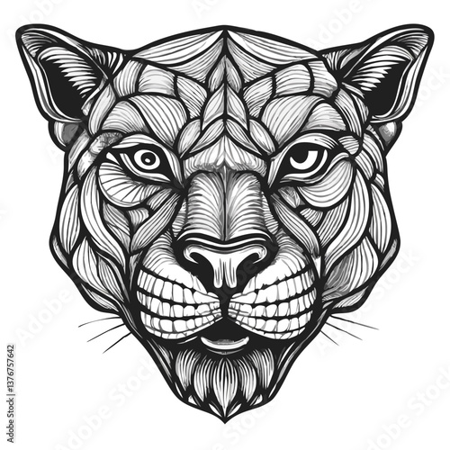 Intricate Cougar Head: A detailed line art illustration of a cougar's head, rendered in a complex geometric pattern. The artwork showcases the animal's powerful features and intense gaze.