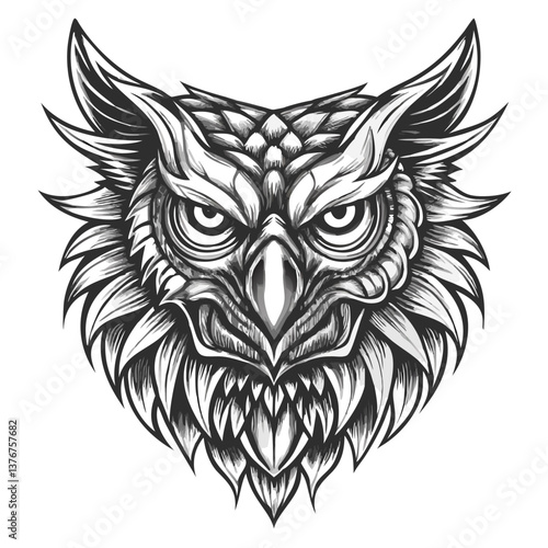 Mystical Owl Illustration: Intricate monochrome artwork showcasing the striking visage of a powerful owl, a symbol of wisdom and mystery, ready to grace any artistic or symbolic project. 