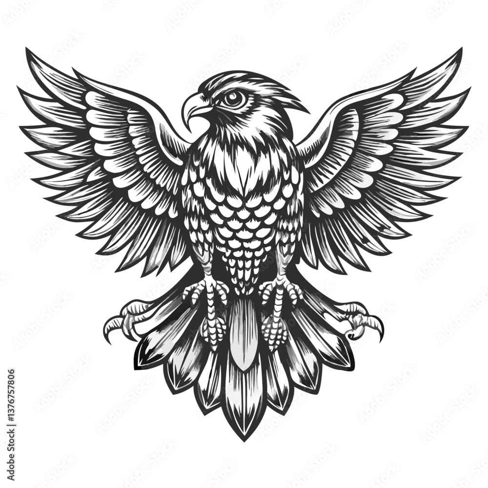 Obraz premium Majestic Eagle Illustration: A powerful illustration of an eagle with wings outstretched, showcasing intricate detailing of its feathers and talons.