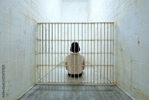 Wallpaper Mural Female prisoner sitting alone in jail cell facing metal bars in isolated setting Torontodigital.ca