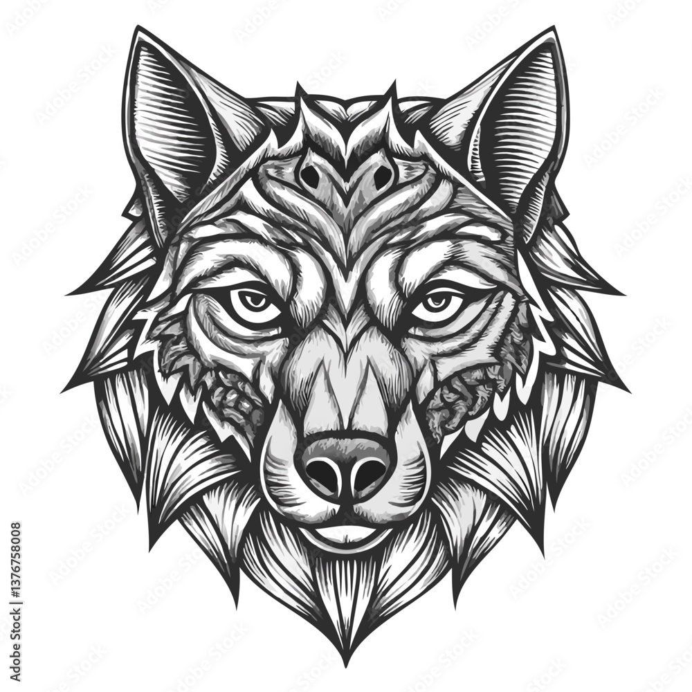 Obraz premium Intricate Wolf Portrait: A detailed, artistic illustration of a wolf's face, showcasing the beauty and strength of this majestic creature, rendered in monochromatic shades and intricate design.
