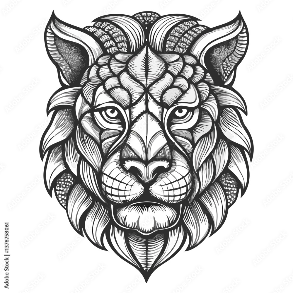Obraz premium Lion Head in Decorative Style: A highly detailed line drawing of a lion's head, showcasing an intricate and ornate design with a focus on precision and symmetry. It evokes power, regality.