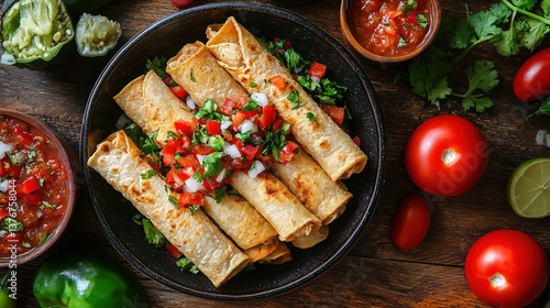 Mexican food Chicken Taquitos Dish top view on a wood background