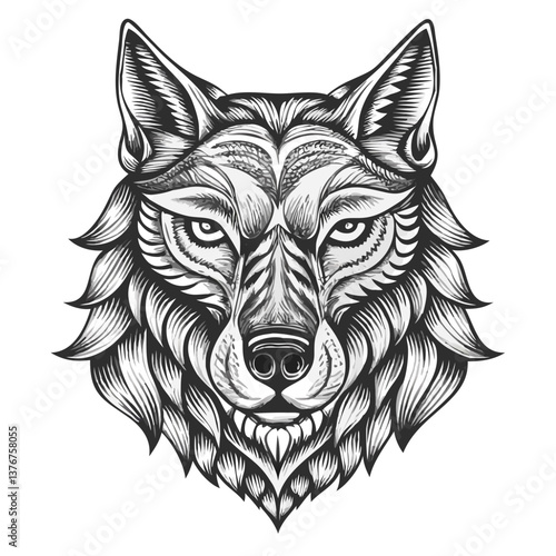 Majestic Wolf: A detailed monochrome illustration of a wolf's head, the artwork showcases intricate patterns. The wolf, depicted with an intense gaze, epitomizes the raw, untamed essence of the wild.