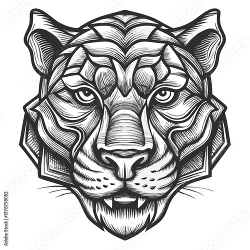 Abstract Tigress Icon: This digital illustration showcases a formidable tigress, rendered in a geometric style with intricate lines and shading, and radiating power.