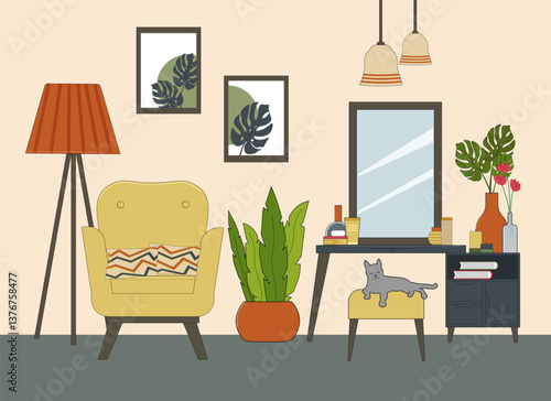 Dressing table with mirror and chair. Floor lamp and plants in a slide. Interior with furniture. Ottoman with a cat. Books and various personal items - cosmetics, perfume, cream. Vector illustration