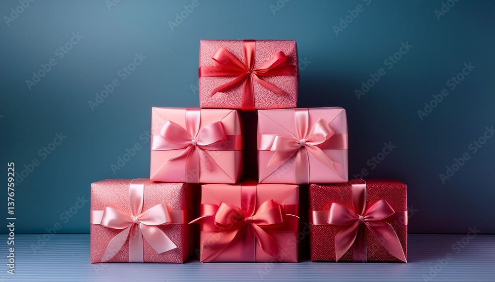 pink and red wrapped gift boxes with stunning bows stacked up pink and red wrapped gift boxes with stunning bows stacked up