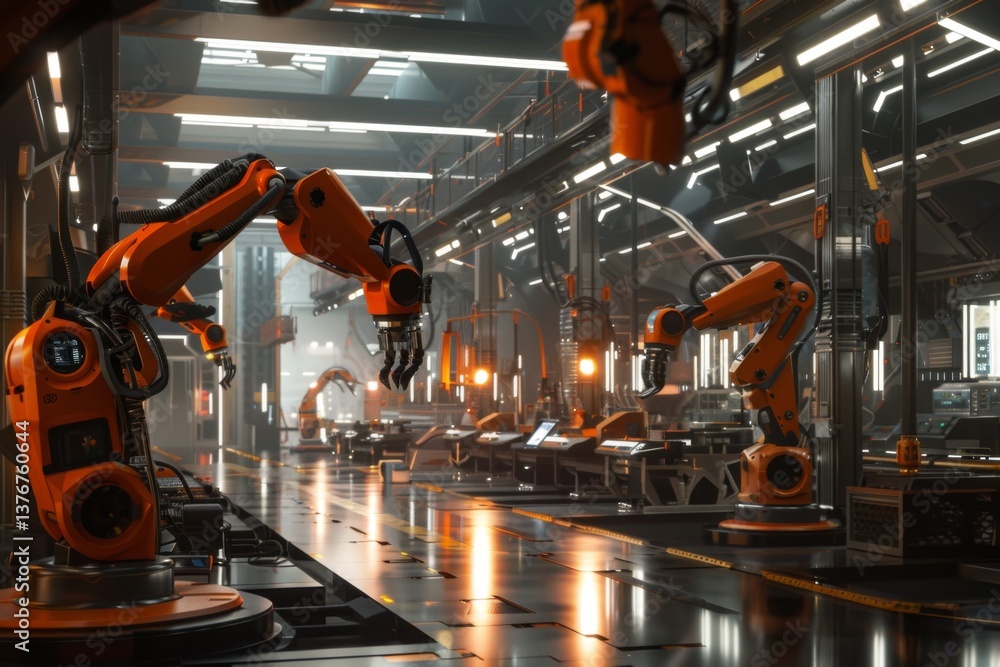 interior of a modern factory with robotic arms interior of a modern factory with robotic arms