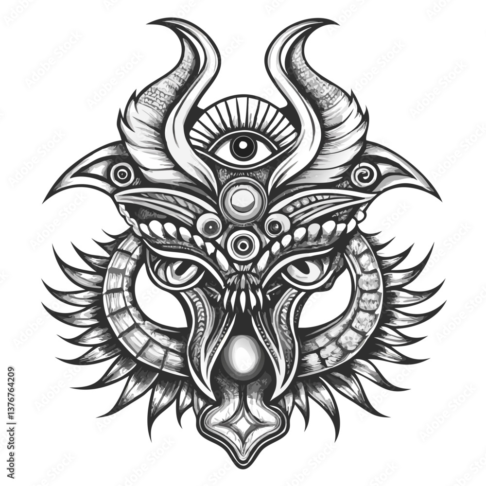 Obraz premium Mystical Eye of the Serpent: An intricate, hand-drawn illustration of a serpent's eye, framed by detailed wings and horns, evokes a sense of ancient power and the mysteries of the universe.