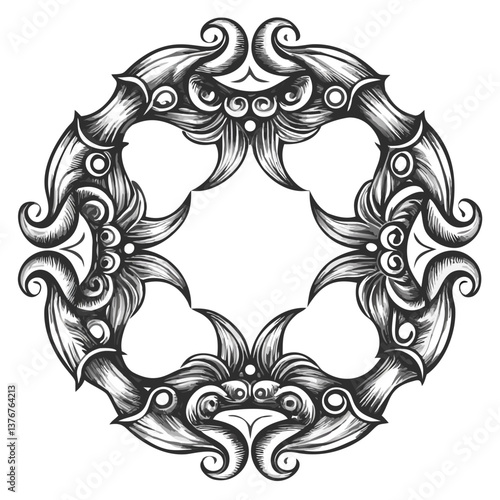 Ornamental Circle: A detailed hand-drawn circular ornament showcasing intricate patterns and design elements for elegant, decorative use.
