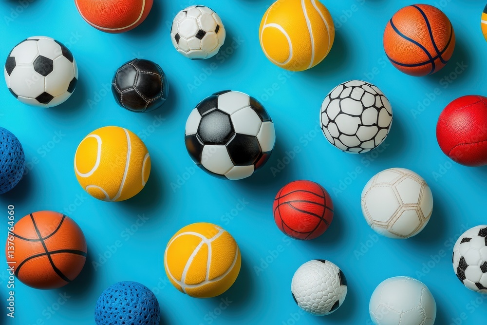 Collection of various sports balls on a vibrant blue background. Collection of various sports balls on a vibrant blue background.