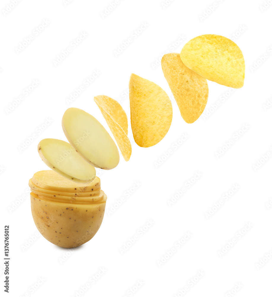 Raw potato slices transforming into crispy chips in air on white background Raw potato slices transforming into crispy chips in air on white background