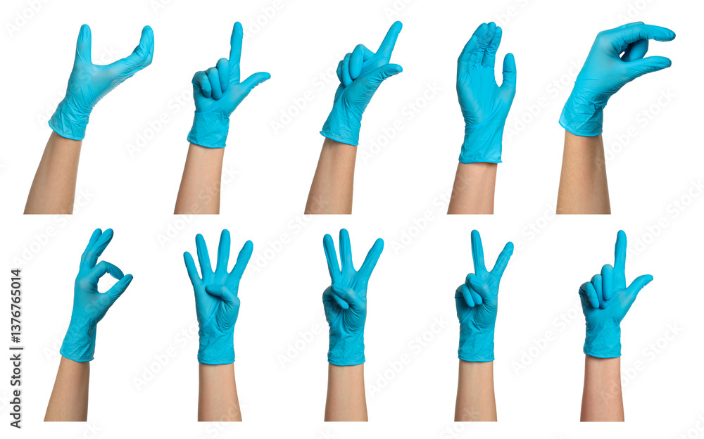 People wearing medical glove isolated on white, set