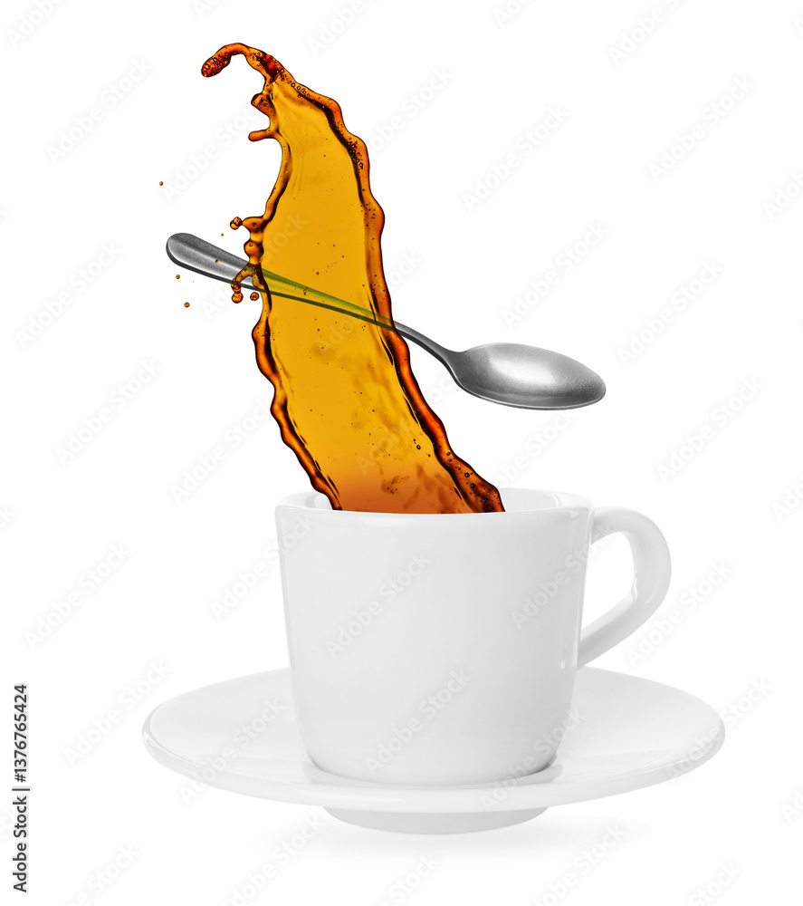 Tableau sur toile Tea splashing out of cup on white background