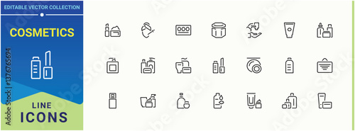 Cosmetics modern icon set. Contains such icons as care, cosmetic, makeup,  product, skincare and more. Thin web icons. Beauty line icon. Editable vector.