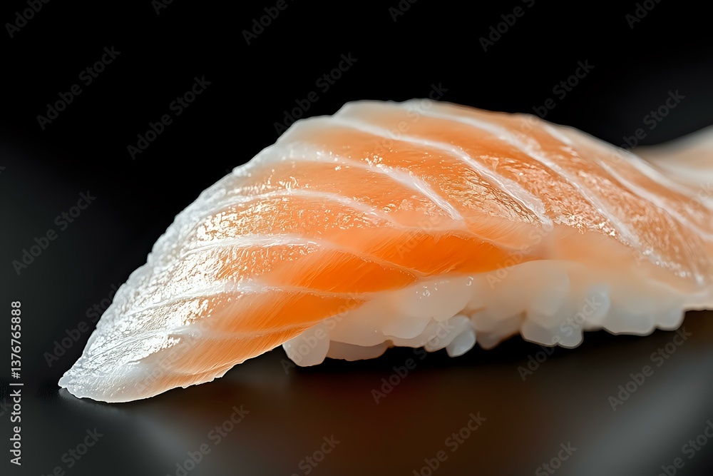 Fresh salmon nigiri sushi piece on dark background, selective focus on raw fish texture showing delicate marbling and expert knife cuts, traditional Japanese cuisine. Fresh salmon nigiri sushi piece on dark background, selective focus on raw fish texture showing delicate marbling and expert knife cuts, traditional Japanese cuisine.