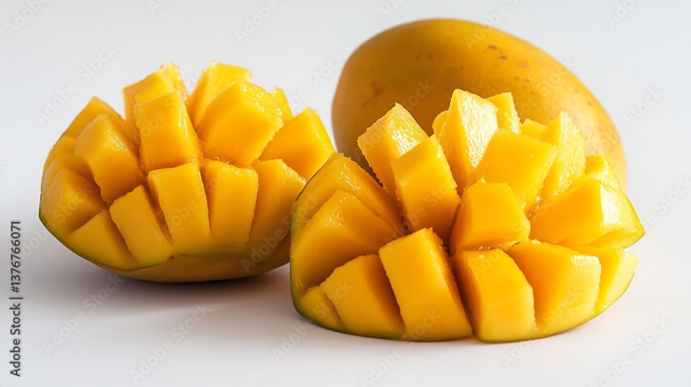 Indian Ratnagiri Alphonso Mango sliced open high key lighting enhancing rich golden hues juicy textures pristine white background for contrast Indian Ratnagiri Alphonso Mango sliced open high key lighting enhancing rich golden hues juicy textures pristine white background for contrast