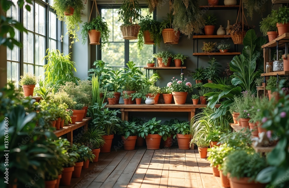 Naklejka premium Botanical garden filled with variety of plants flowers in pots. Shelves display various plants. Indoor plants create rich environment. Shop with green plants, flowers, design element for natural