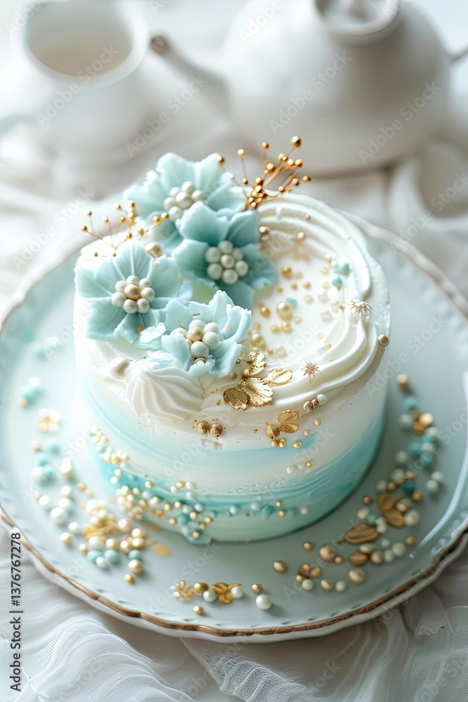 Elegant Hydrangea Flower Cake with Gold Leaf Accent Elegant Hydrangea Flower Cake with Gold Leaf Accent