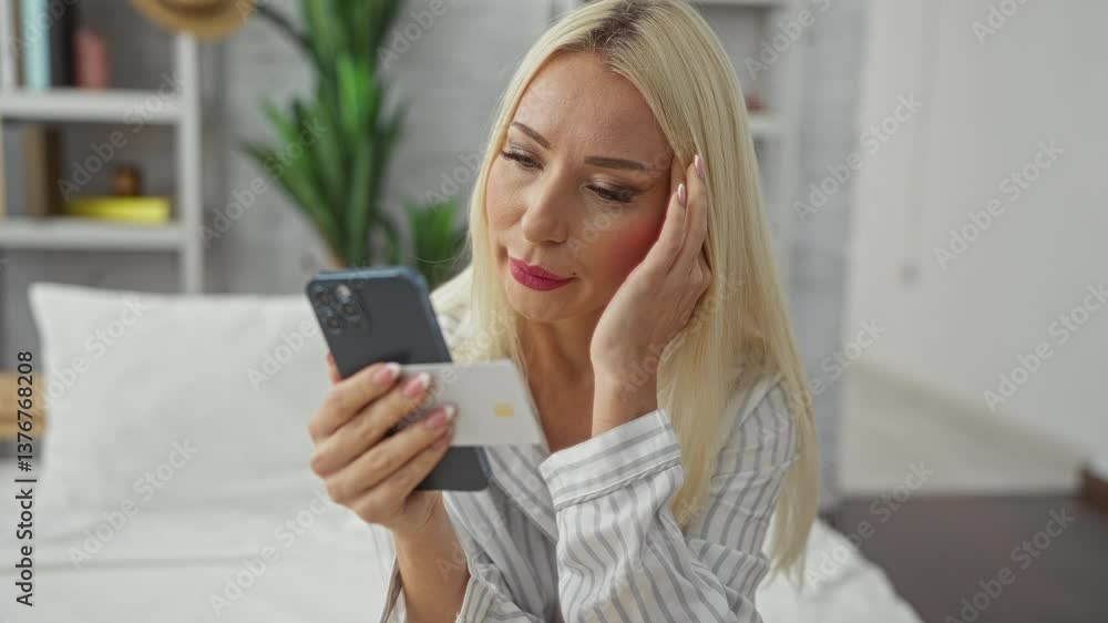 Woman holding phone and credit card indoors looking thoughtful on bed in cozy bedroom setting. Woman holding phone and credit card indoors looking thoughtful on bed in cozy bedroom setting.