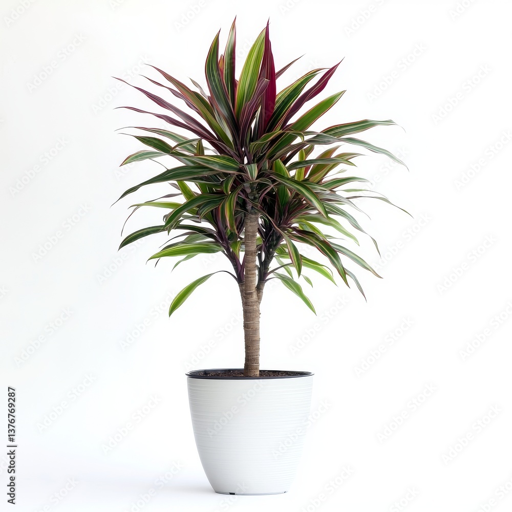 Fototapeta premium Dracaena marginata indoor potted plant with variegated leaves.