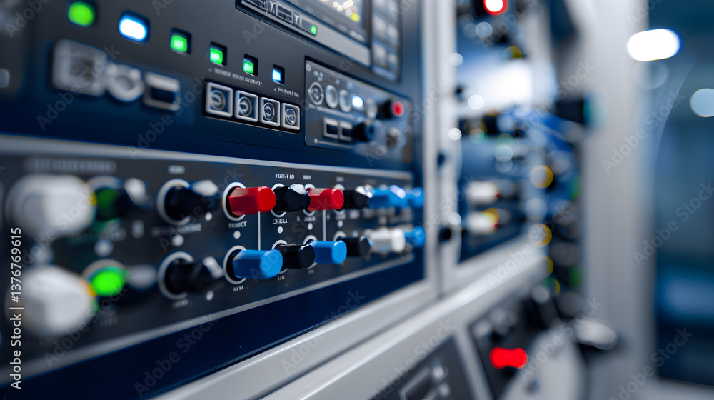 Close up view of an electronic control panel with knobs and buttons in a blurred background setting Close up view of an electronic control panel with knobs and buttons in a blurred background setting
