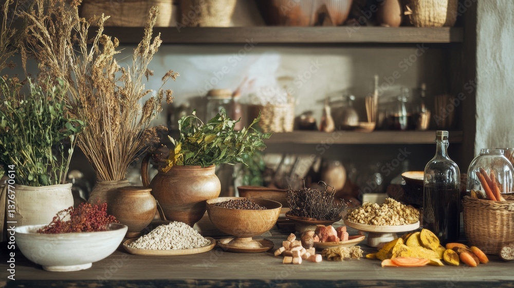 Naklejka premium Traditional kitchen scene with grains and pottery