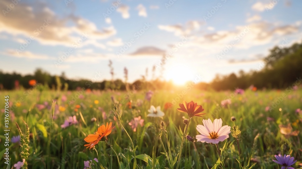 Obraz premium Sunset Wildflowers Meadow Landscape Nature Photography