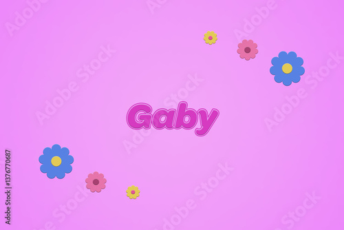 Gaby female girl name illustration in pink with blossoms, flowers