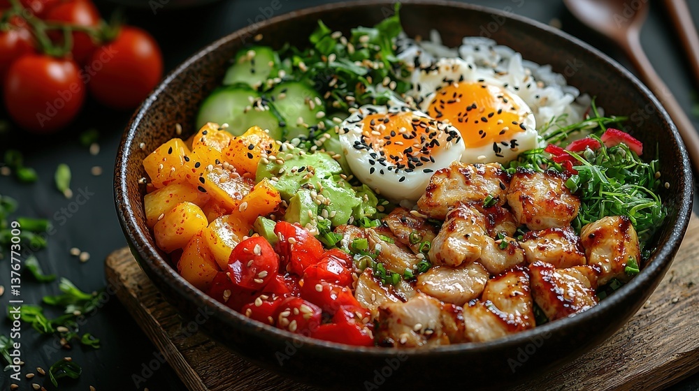 Korean Food Bibimbap Dish top view on a wood brown background Korean Food Bibimbap Dish top view on a wood brown background