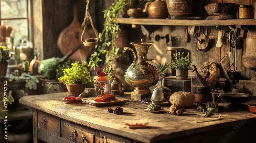 Fototapeta premium Herbalist's workshop with traditional jars and botanicals