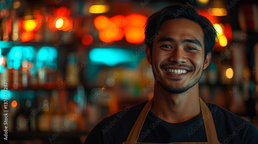 Fototapeta premium Friendly bartender serving drinks in vibrant nightlife