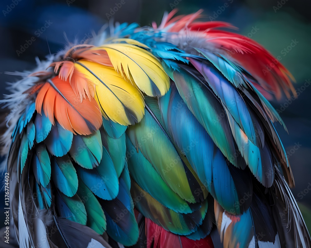 Fototapeta premium A close-up view of intricately patterned bird feathers showcasing a stunning array of colors, including reds, oranges, yellows, greens, and blues.