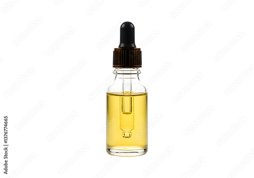 Clear glass bottle of essential oil with dropper, isolated on a clean white background.
Clear glass bottle of essential oil with dropper, isolated on a clean white background.