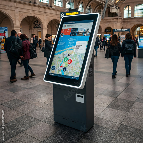 A digital information kiosk displaying a map and details, standing in a busy train station with people walking in the background