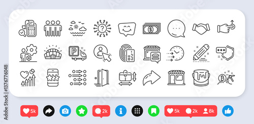 Paint, Bitcoin mining and Sports stadium line icons pack. Social media: share, comment, like icons. Market, Bill accounting, Brand contract web icon. Food market, Star, Heart beat pictogram. Vector