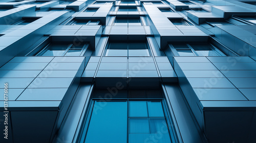 Obraz na płótnie Low angle view of a modern building facade reflecting the blue sky, creating an abstract and geometric pattern with its rectangular shapes w salonie