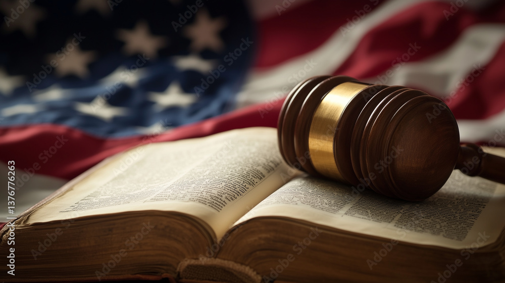 Legal gavel resting on law book, American flag symbolizing judicial system, constitutional rights, legal proceedings