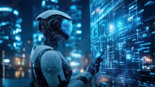 Futuristic guardian: a digital security agent in a gleaming cityscape at night