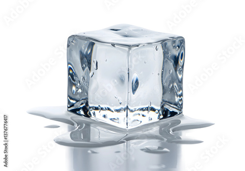 Single clear ice cube with detailed melting edges, isolated on pure white background.
